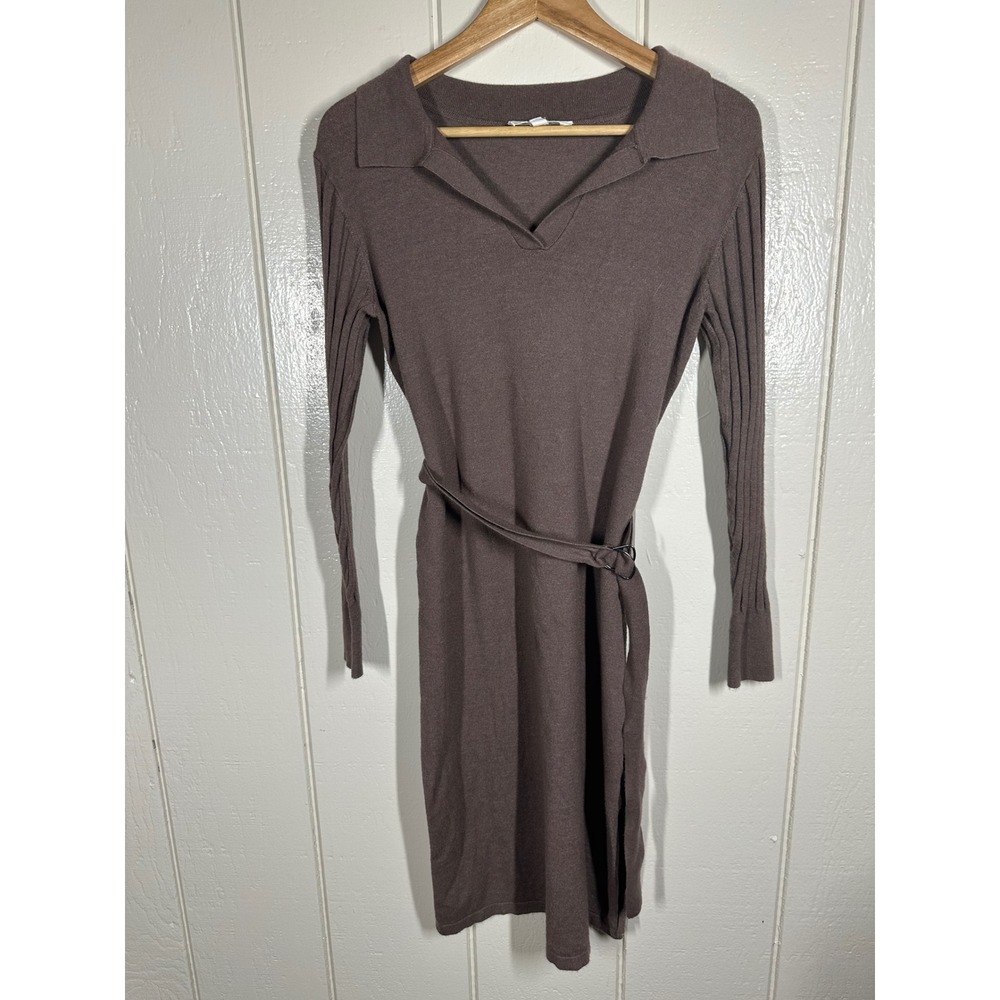 Lucky Brand Sweater Dress Womens M Brown Polo Collar Belted Ribbed Sleeve Mini